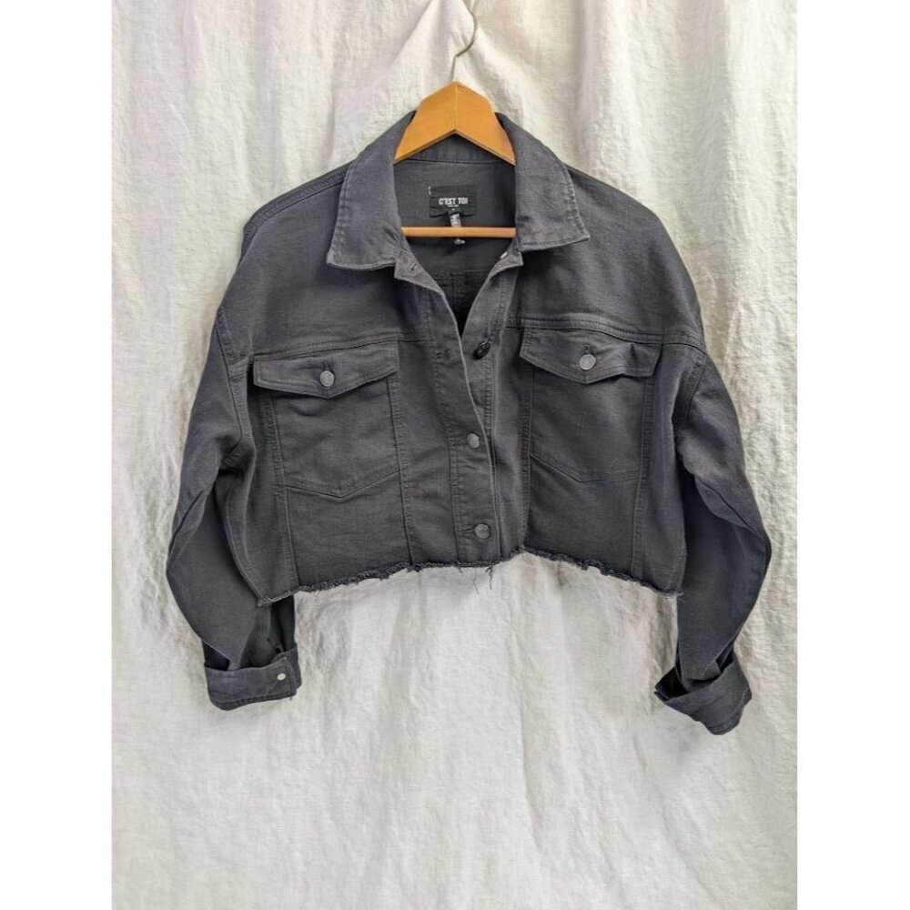 C'est Toi black label women's size large black denim cropped jacket, raw edge B4 - Picture 2 of 10